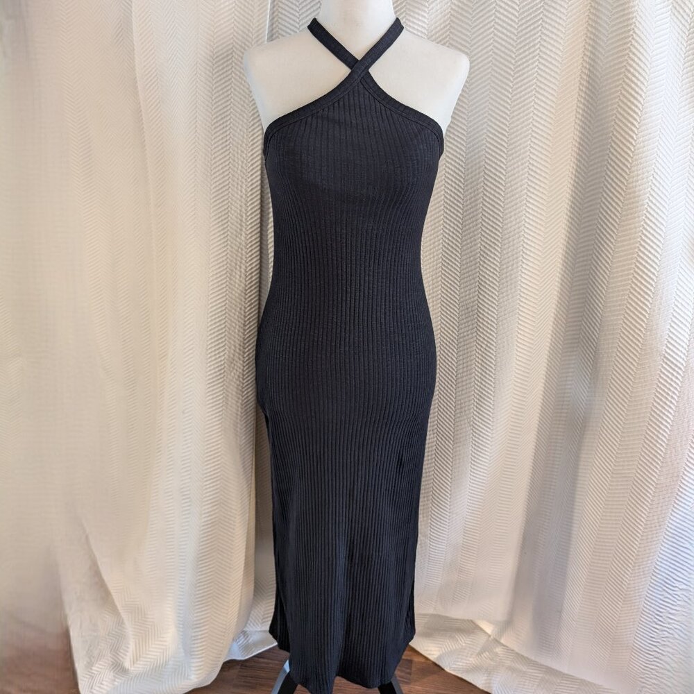 Old Navy Black Halter Midi Dress Ribbed Side Slit Bodycon Shelf Bra Size Medium